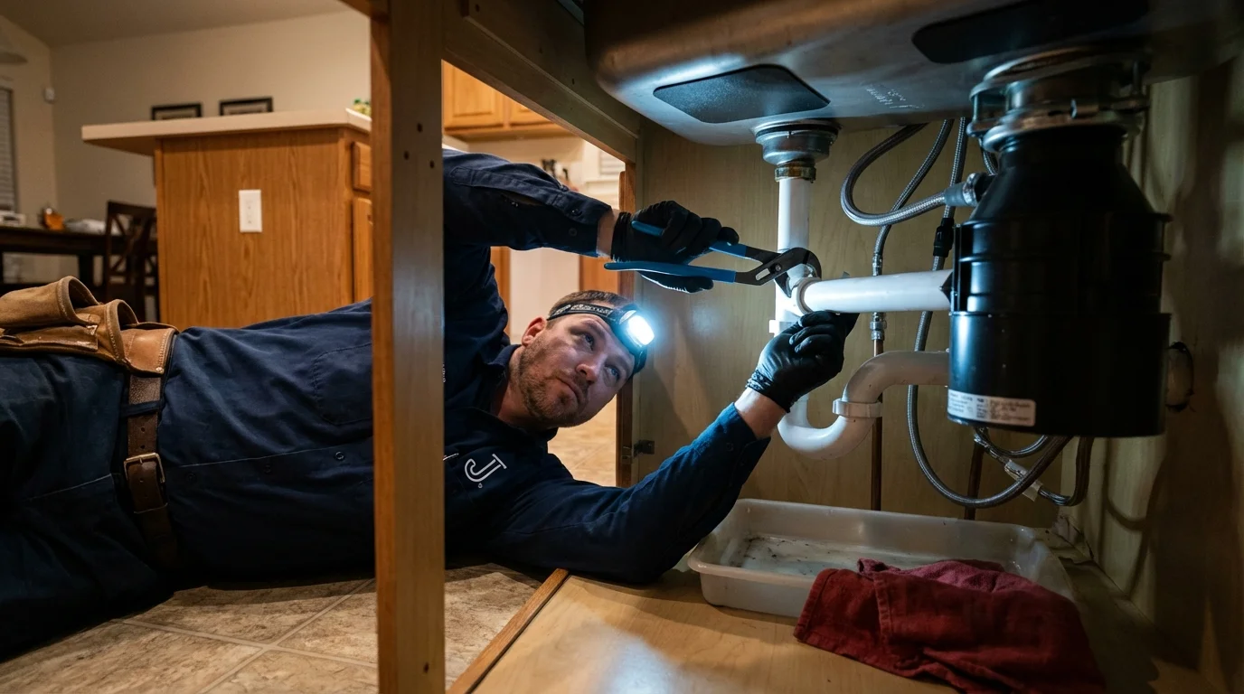 P-trap and supply line connections under a kitchen sink showing a common leak point in Hebron, MD